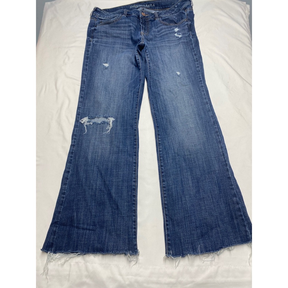 American Eagle Favorite Boyfriend Stretch Wide Leg Distressed Jeans Blue 14 Reg